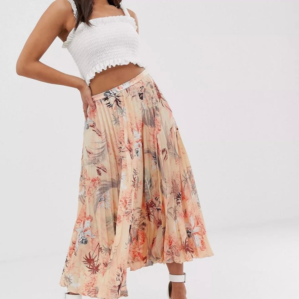 Asos Design Petite Satin Pleated Midi Skirt in Hawaiian Floral